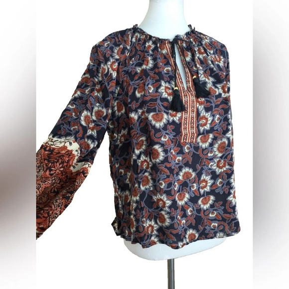 Chelsea & Theodore Floral Peasant Blouse Size M Navy Oversized Tie-Neck Top - Picture 4 of 5